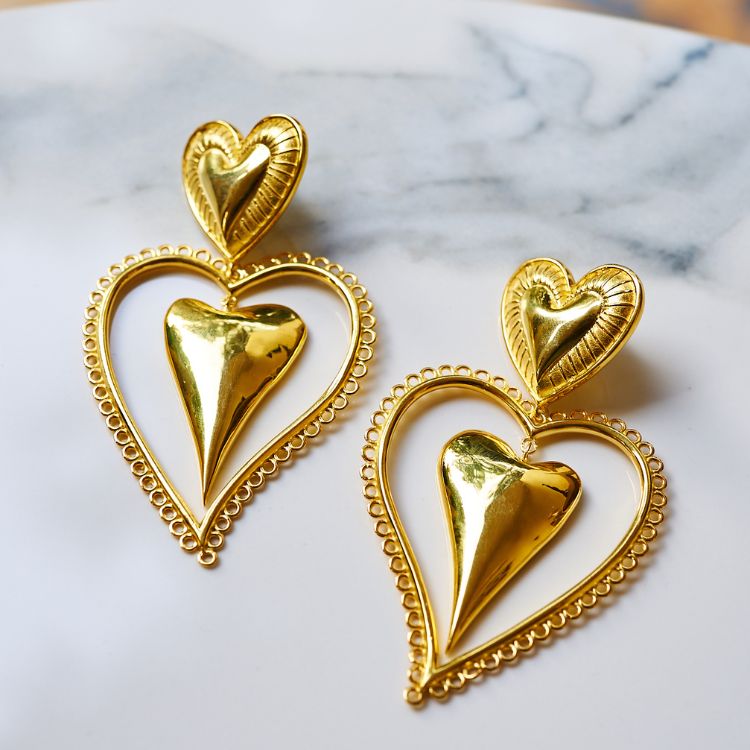 18k Gold Layered Puffy Design Heart Stud Earrings Featuring Pattern De –  Bella Joias Miami